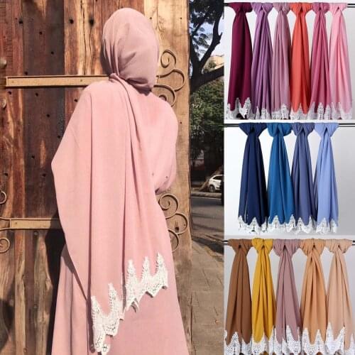 Chiffon Lace Decorated Super Soft Islam Headscarf Hijabs for Muslim Women Breathable Solid Color Turban Headband Jersey Headwrap