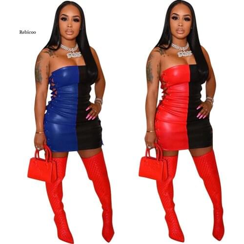 Ladies Sexy Fashion Nightclub Skirt Tie Stitching Pu Dress Tube Top Short Skirt