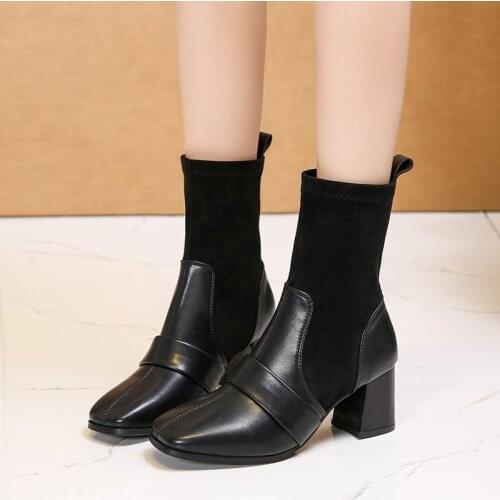 2021 knitted stretch womens socks boots shoes elegant chunky heel square toe ankle boots womens fashion boots plus size 36-43