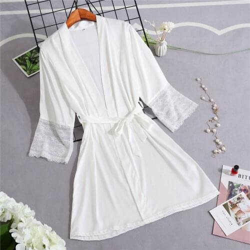 Faux Silk Lace Lady Robe&Nighty Sets Sexy Satin Summer V-neck Kimono Nightdress Cardigan Leisure Sleepwear Full Sleeve Nightgown