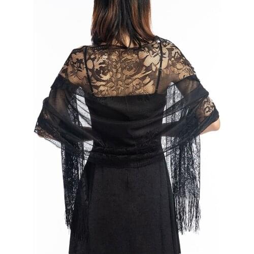 Women Black Hollowing out Lace Scarf Elegant Long Tassel Tulle Scarf and Shawls Bride Wedding Evening Party Wraps capes