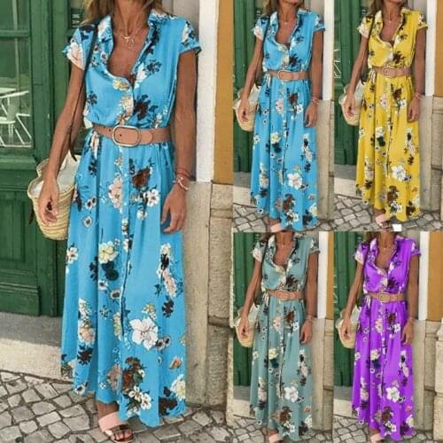 Women Short Sleeve Dresses Floral Vintage Split Maxi Dress Ladies High Waist Turn down Collar Button Shirt Dress With Sashes