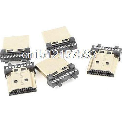 5Pcs Gold Tone Housing Solder Type Male 19Pins HDMI Connectors
