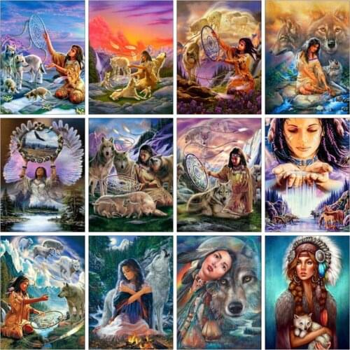 Huacan Diamond Art Painting Mosaic Woman Wolf Full Square/round Diamond Embroidery Portrait Animal Cross Stitch Sticker Decor