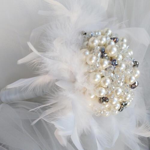 6 inch Ivory Grey Purple Pearl feather bridal brooch bouquet Wedding Bride 's Rhinestone Jewelry crystal Pearl Mini Bouquets