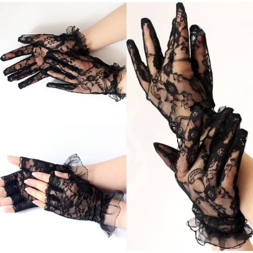 Women Lace Gloves Mesh Embroidery Flowers Gloves Party Wrist Transparent Gloves Full Finger Mittens Fingerless Gloves Ruffle