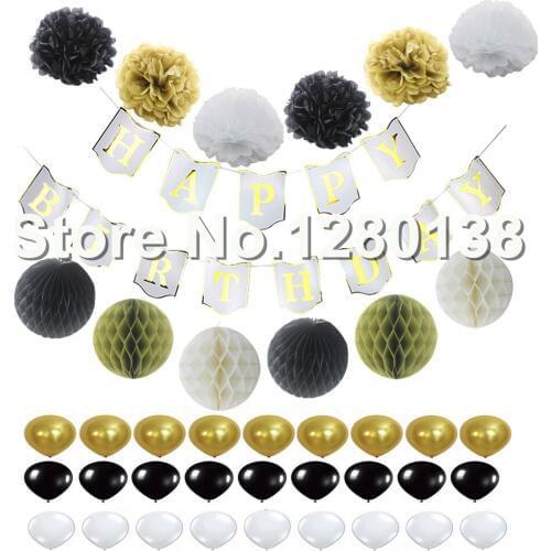 Happy Birthday Paper Flag Banners Latex Balloon Honeycomb Balls Paper Pom Poms White Black&Gold Decorations