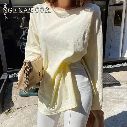 Genayooa O-neck Loose T Shirt Women Long Sleeve Korean Fashion Autumn Tops 100% Cotton T-shirt Women 2020 New Style Oversized