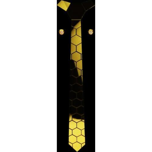 Gold Color Chromed Hexagonal Honeycomb Shape Necktie Geometric Necktie w/ Luxury Rhinestone Cufflinks Fashion Accessories