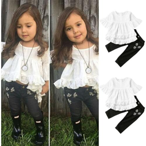 2Pcs Toddler Kid Baby Girl Clothes Ruffle Dress Tops Flare Sleeve Blouse Floral Denim Pants Outfit Set 2-7Y