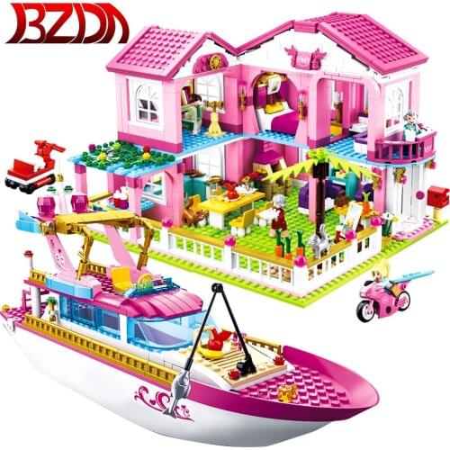 BZDA City Girl Friends Big Garden Villa Yacht Building Blocks Creator House Ship Figures Model Bricks Toys For Children
