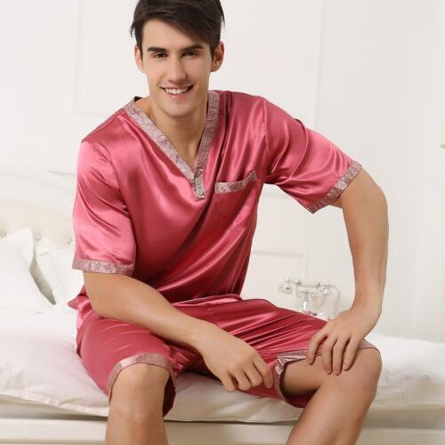 Silk Summer Man Pajamas Sation Mens Sleepwear Purple Lounge Wear Set Of T-shirts And Shorts Gold Home Clothes Pink Sleepwear Red