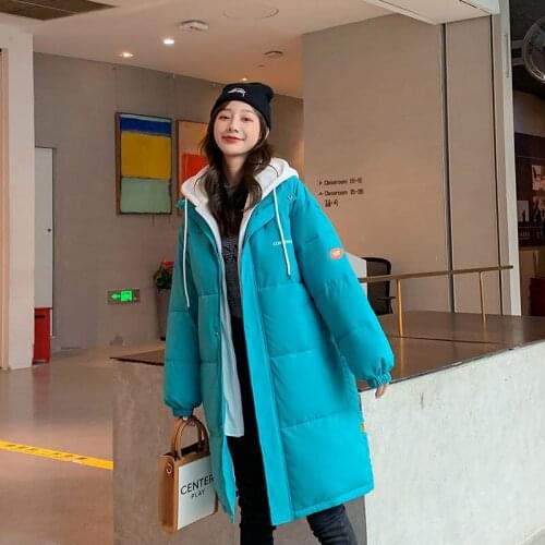 2021 New Winter Coat Womens Long Thicken Parkas Fake two-piece Patchwork Hooded Cotton Padded Jacket Loose Warm Female Outwear