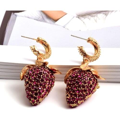 New Style Cute Fashion Korean Pendant Earring Lovely Strawberry Full Crystal Drop Earrings For Girls Female Jewelry