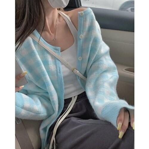 2021 Autumn Plaid Knitted Coat Women Korean Style Long Sleeve Elegant Cardigan Sweater Female Outdoor Y2k Jacket Office Lady