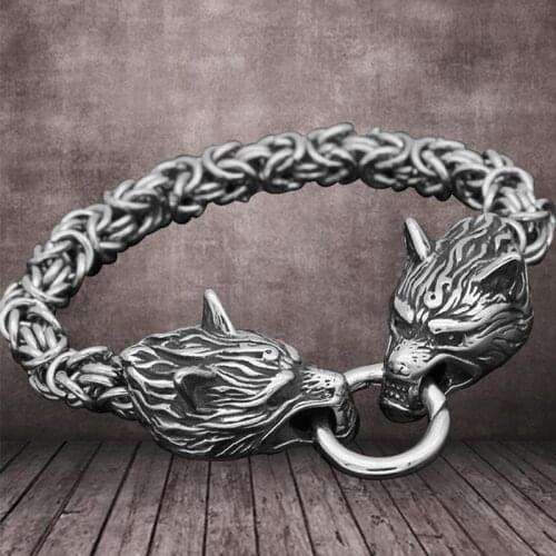Punk Nordic-Viking Wolf Charm Bracelet Vintage Men Chain Wolfs Head Bracelets Biker Jewelry
