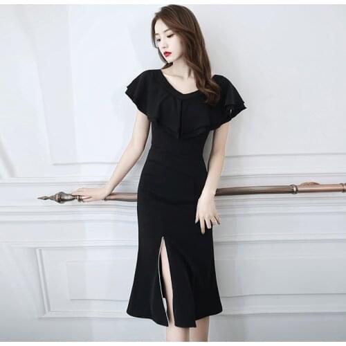 Special Occasion Dresses Vintage V-Neck Short Luxury Black Knee-Length A-Line Zipper Elegant Satin Fashion Women Prom Gown E1018