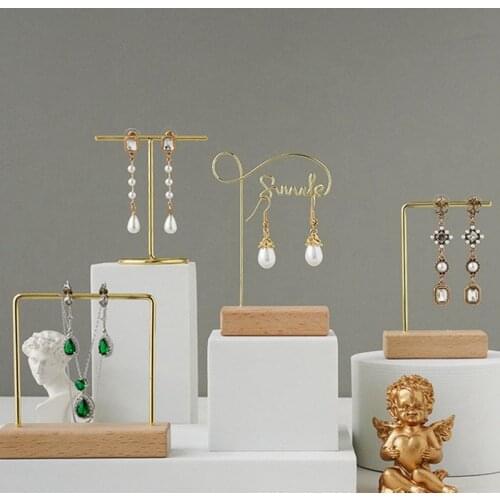 Gold Metal Earring T Bar Stand Display Holders with Wooden Base for Show Jewelry Online Stores Photography Props Organizer