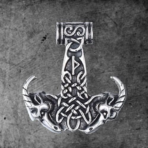 Stainless Steel Viking-Mjolnir Thors Hammer Double Sheep Pendant Scandinavian Pagan-Norse Rune Totem Man Amulet