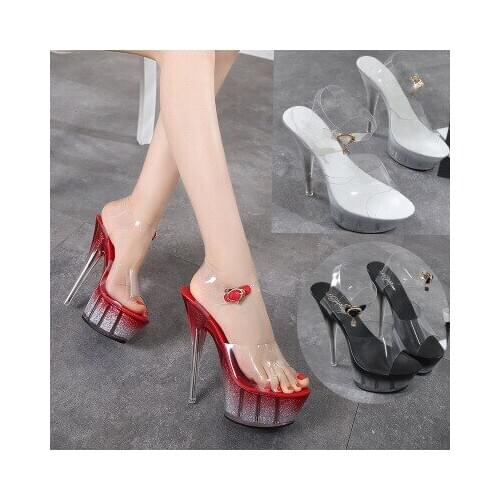 14 cm high heel sandals, womens summer new fish mouth waterproof stage gradually show crystal shoes