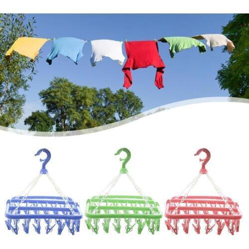 32 Clips Folding Socks Clothes Hanger Rack Clothespin Clothes Drying Rack Closet Wardrobe Organizer Blue/Green/Pink