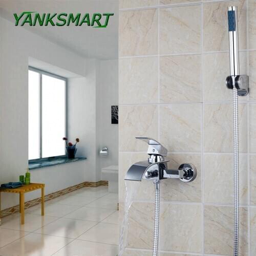 YANKSMART Widespread Wall Mounted Chrome ShowerBathroom Bath Tap Mixer Bathtub Faucet Bathroom Waterfall Set
