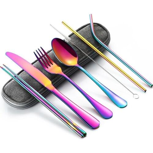 Travel Dinnerware Set Portable Cutlery Camping Dinner Sets Stainless Steel Tableware Rainbow With Straw Kit Brush Chopstick Bag