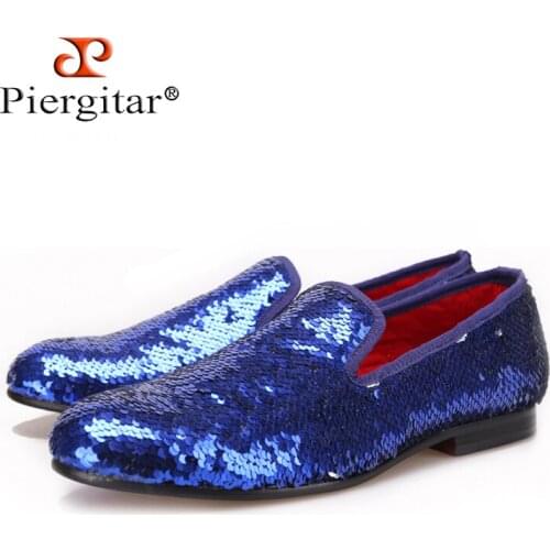 PIERGITAR 2019 Luxury Evening Party Blue Beads Mens Handmade Loafers Wedding and Prom men smoking slippers big size male flats
