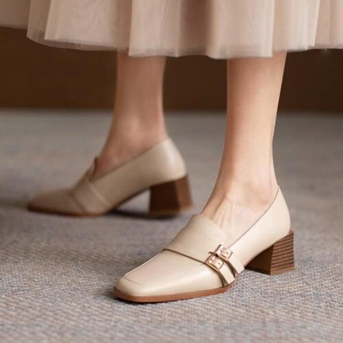 New Genuine Leather Womens Shoes Double Buckle Pumps Slip-On Loafers Round Toe Thick Heel Handmade Shoes for Women Size 34-40