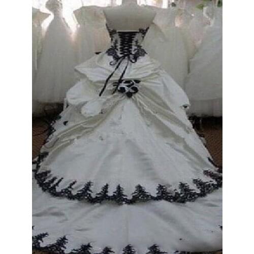 Vintage White and Black Wedding Dresses Ball Gown Strapless Beadings Lace Flowers Satin Long Bridal Gowns Lace up Back Custom Ma
