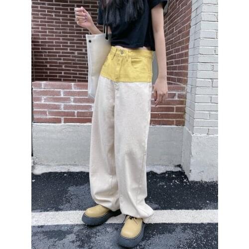 High street girls color matching jeans womens 2021 new loose straight