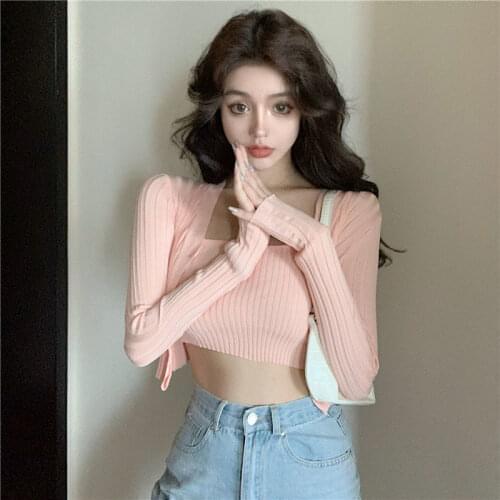 Women Sweater Vest Autumn Gas Sexy Sling Vest Knitted Cardigan Coat Two-Piece Set Fashion Suit Women