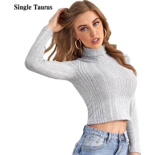 Ribbed Pullovers Cropped Sweater 2021 Fall Winter Solid Color Turtleneck Tops Lazy Office Lady Elegant Jumper Slim Sueter Mujer