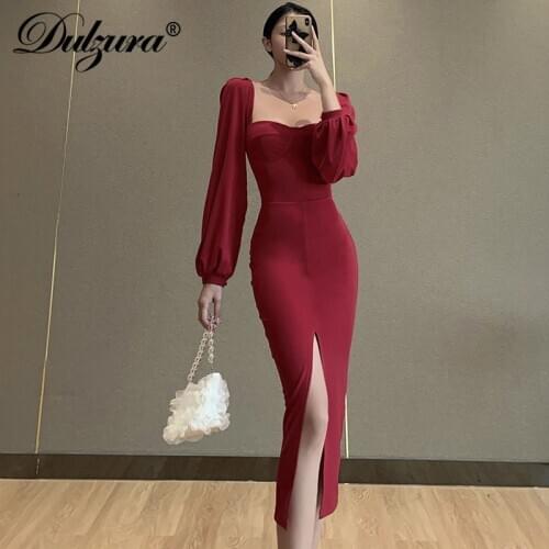 Dulzura Lantern Long Sleeve Women Midi Dress Long Sleeve Slit Square Collar Bodycon Sexy Streetwear Elegant Party Autumn Winter