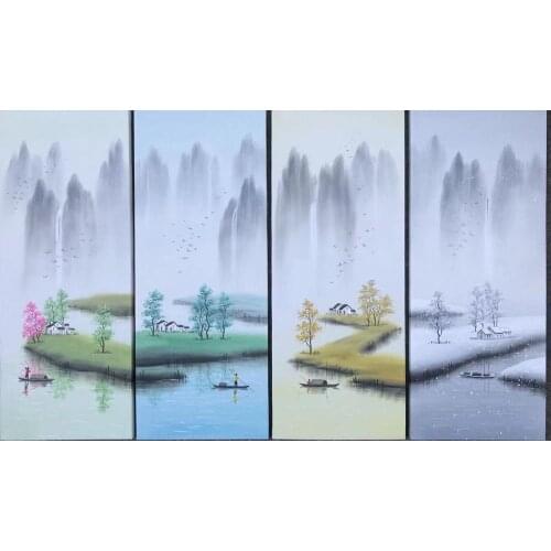 100% Hand Painted 4 pcs Modern Chinese Landscape Oil Painting on Canvas Abstract Canvas Painting Wall art Picture for Home Decor