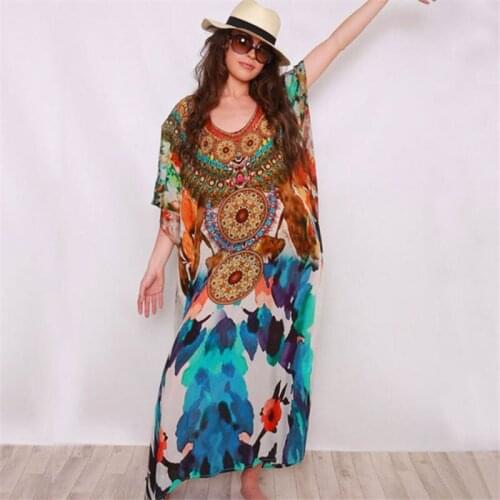 2021 Bohemian Printed Summer Women Beachwear Kaftan Cover-ups Beach Dress Cotton Tunic Swim Wear Cover Up Robe de plage Q953