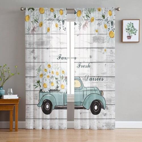 Daisy Truck Idyllic Wood Texture Sheer Curtains for Living Room Bedroom Kitchen Tulle for Windows Voile Drapes Home Decoration