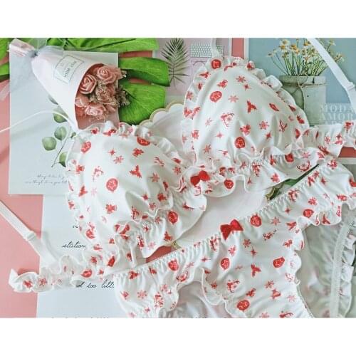 Snow & Bell Christma Reindeer Japanese Milk Silk Bra & Panties Set Wirefree Soft Underwear Sleep Intimates Set Kawaii Lolita
