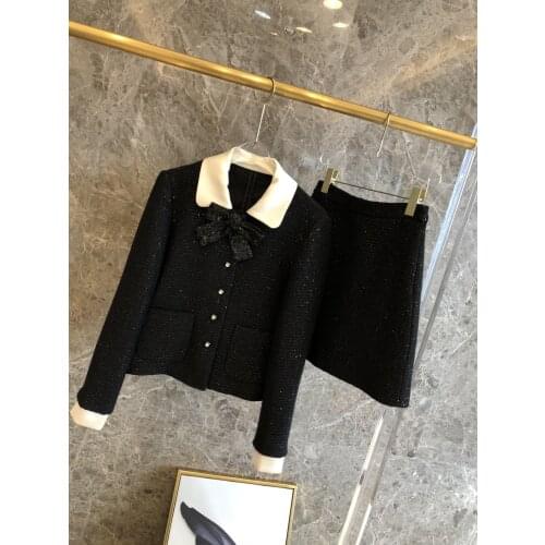 Fashion 2021 new ladies sequin suit bow coat + skirt 2-piece set 1030