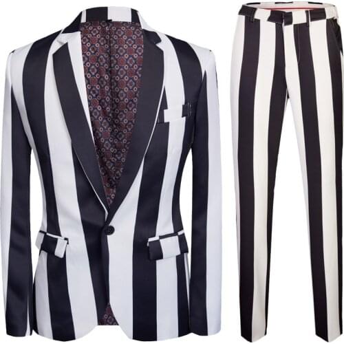 Striped Men Suit 2021 Korean Printed Slim Fit 2 Pieces Office Work Business Dress Suits Blazers And Pants White-Black Party Show