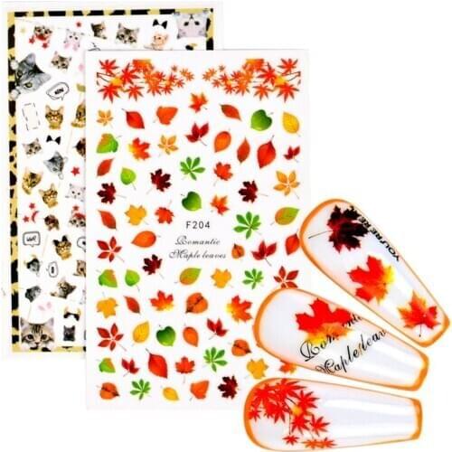 3D Maple Leaf Slider on Nails Cat Sticker Decals Christmas Halloween Design Adhesive Manicure Tips Nail Art Decorations