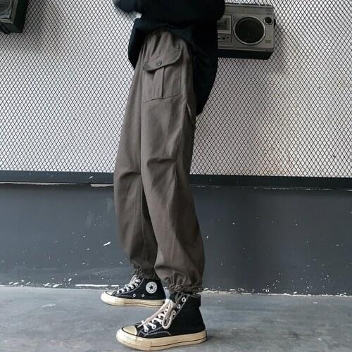 GOOHOJIO 2020 New Autumn Solide Color Women Pants Vintage Solid Color Cargo Pants Women High Waist Ankle Length Trousers Women