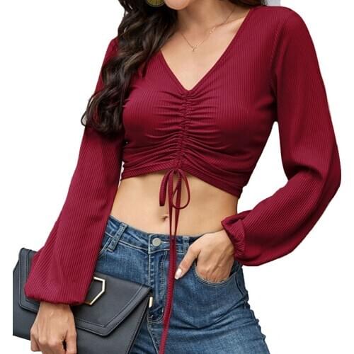 2020 New Arrival Woman T Shirt Long Sleeve Deep V Neck Line Midriff-baring Female Top Kniting Blended Drawstring Bow Spandex Rib