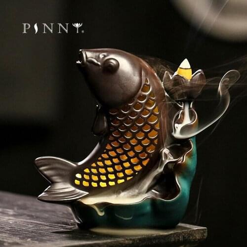 PINNY Carp Ceramic Backflow Incense Burner LED Sandalwood Cone Censer Home Decoration Accessories
