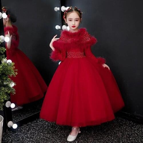 Long Sleeves Flower Girl Dresses for Weddings Fake Shawl Girls Princess Dresses Long Red Sequined Thick Kids Ball Gown