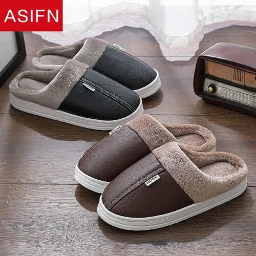 ASIFN Big Sizes Men Winter Home Slippers with Fur Indoor PU Leather Waterproof Warm Women Male Couples Fluffy Platform Shoes