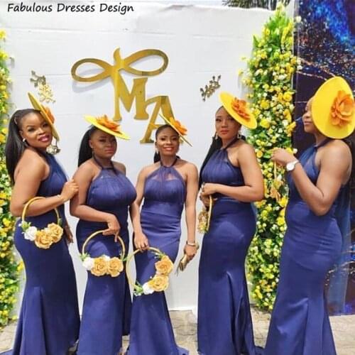 Navy Blue Mermaid Bridesmaid Dresses African Halter 2021 Long Wedding Dress Party Long Backless Vestidos de fiesta de boda
