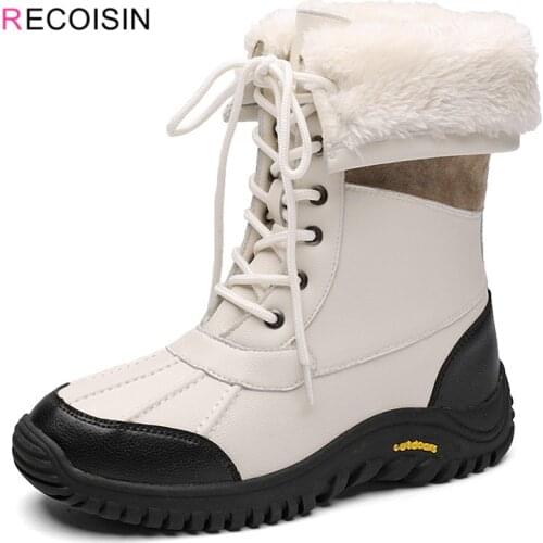 RECOISIN Winter Women Boots High Quality Keep Warm Mid-Calf Snow Boots Women Lace-up Waterproof Comfortable Ladies Rain Boots