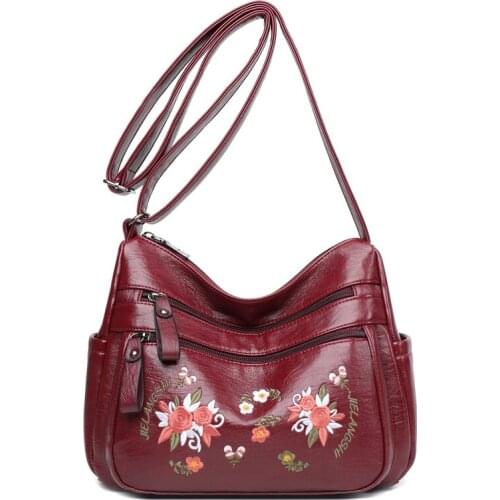 Pu Leather Shoulder Bag Women Embroidery Floral Handbags And Purses Luxury Designer Lady Travel Large Crossbody Messenger Bag