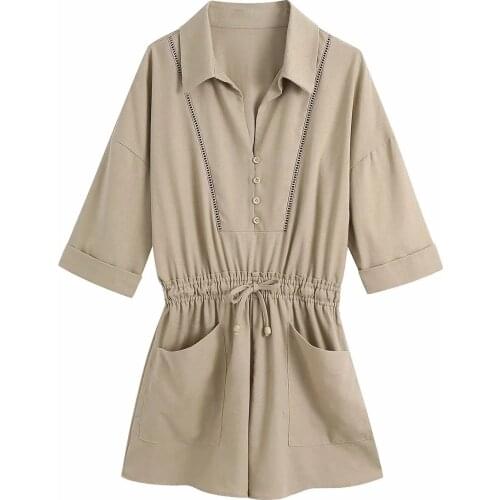 Xia xin products European and American womens lapel tie waist short-sleeved linen jumpsuit shorts DLLTY0094